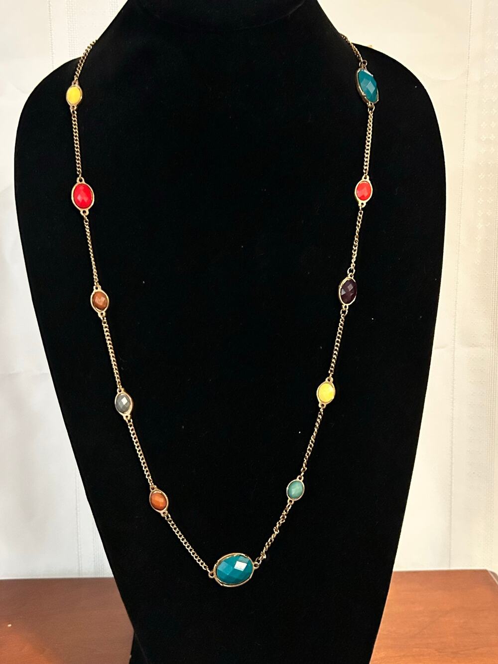 Vintage Gold Tone 46" Bezel Set Faceted Gemstone Chain Necklace Multi Color